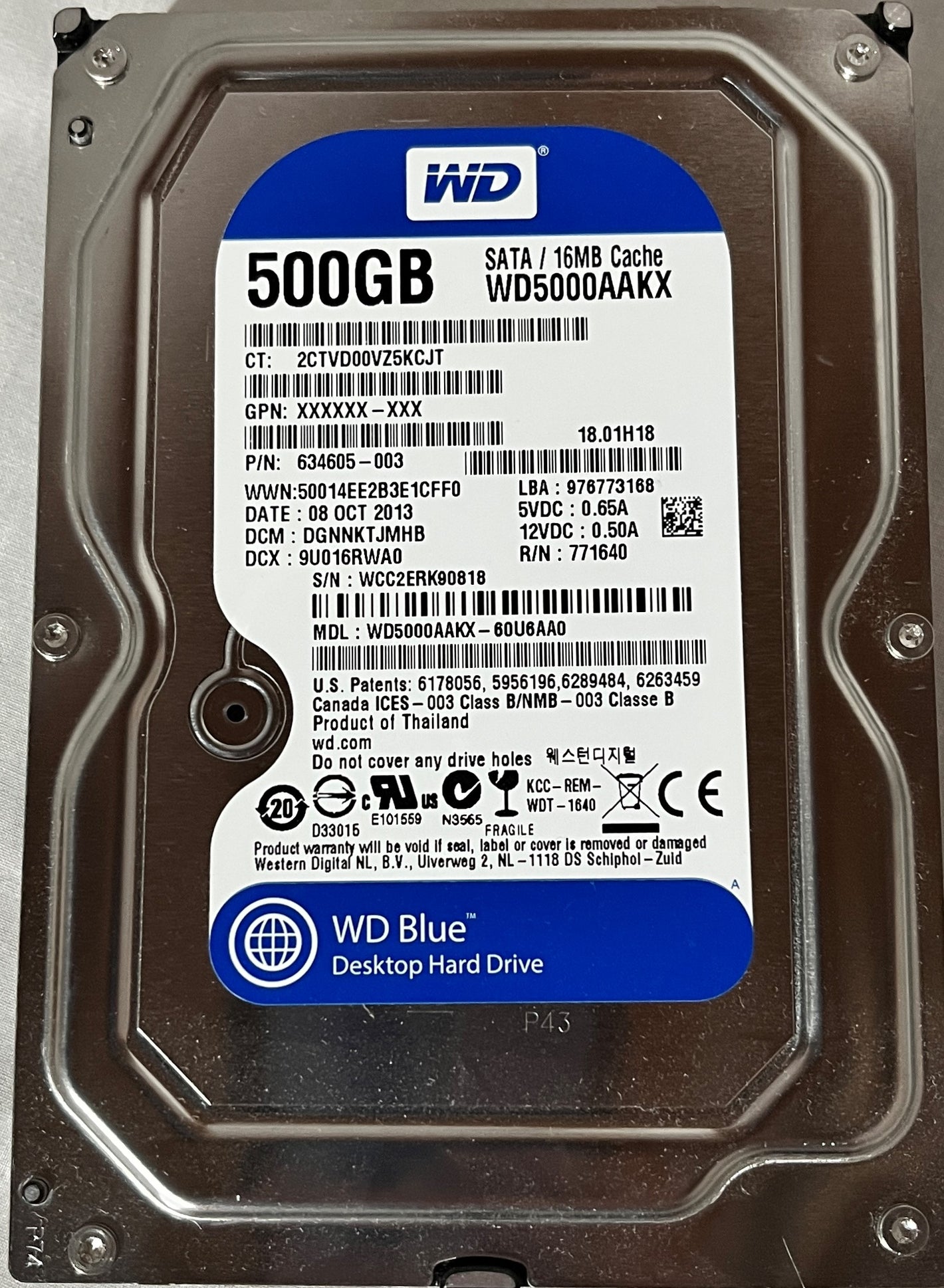 Refurbished Western Digital WD5000AAKX 500GB 7200RPM SATA 3.5 Hard Drive