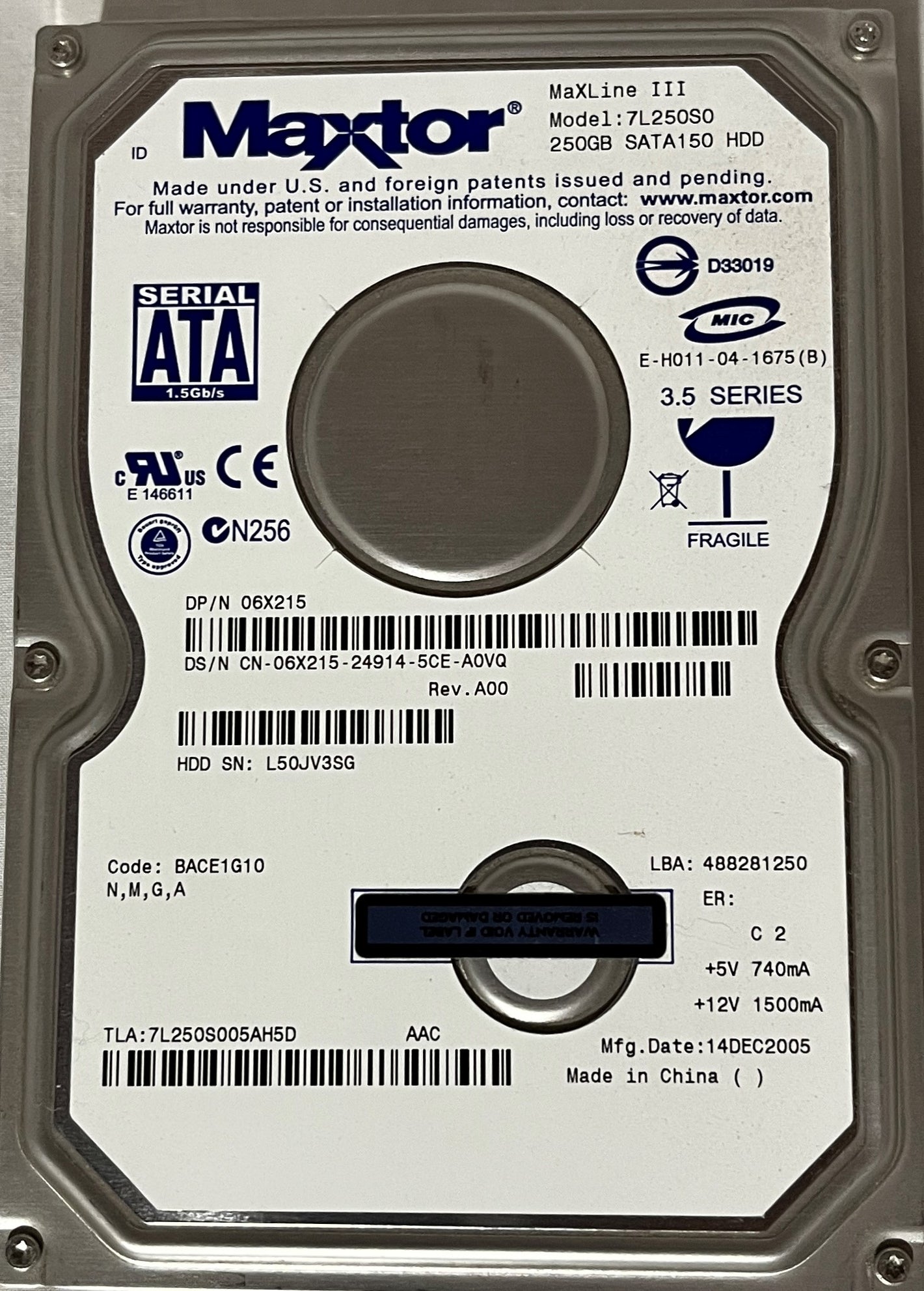 Refurbished Maxtor 250GB Internal 7200RPM (7L250R0051MR1) 3.5" HDD