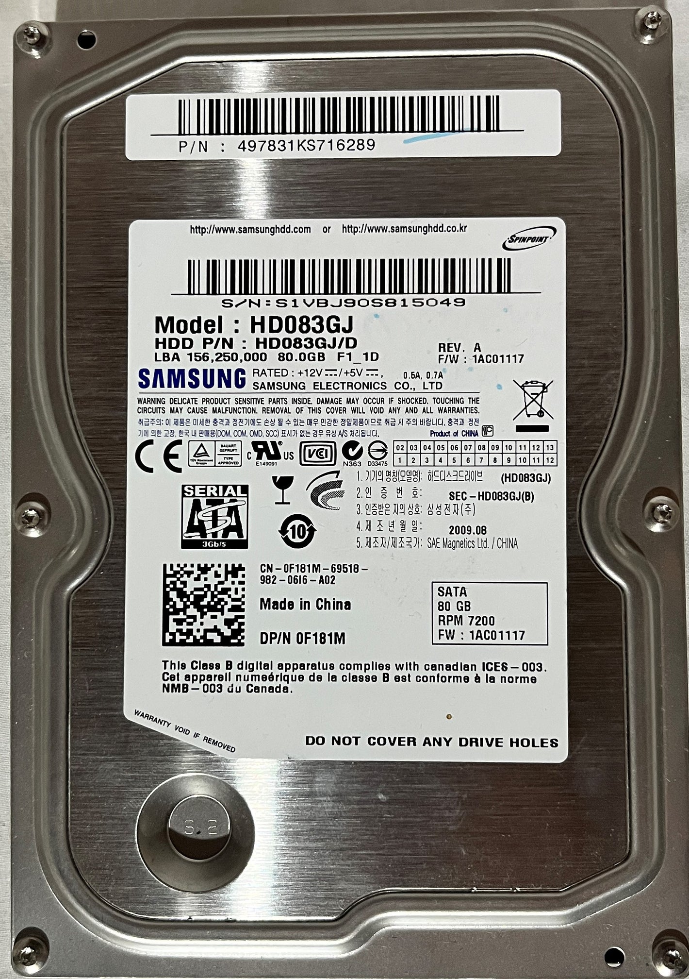 Refurbished Samsung SpinPoint 80GB Internal 7200RPM 3.5" SATA (HD083GJ) HDD