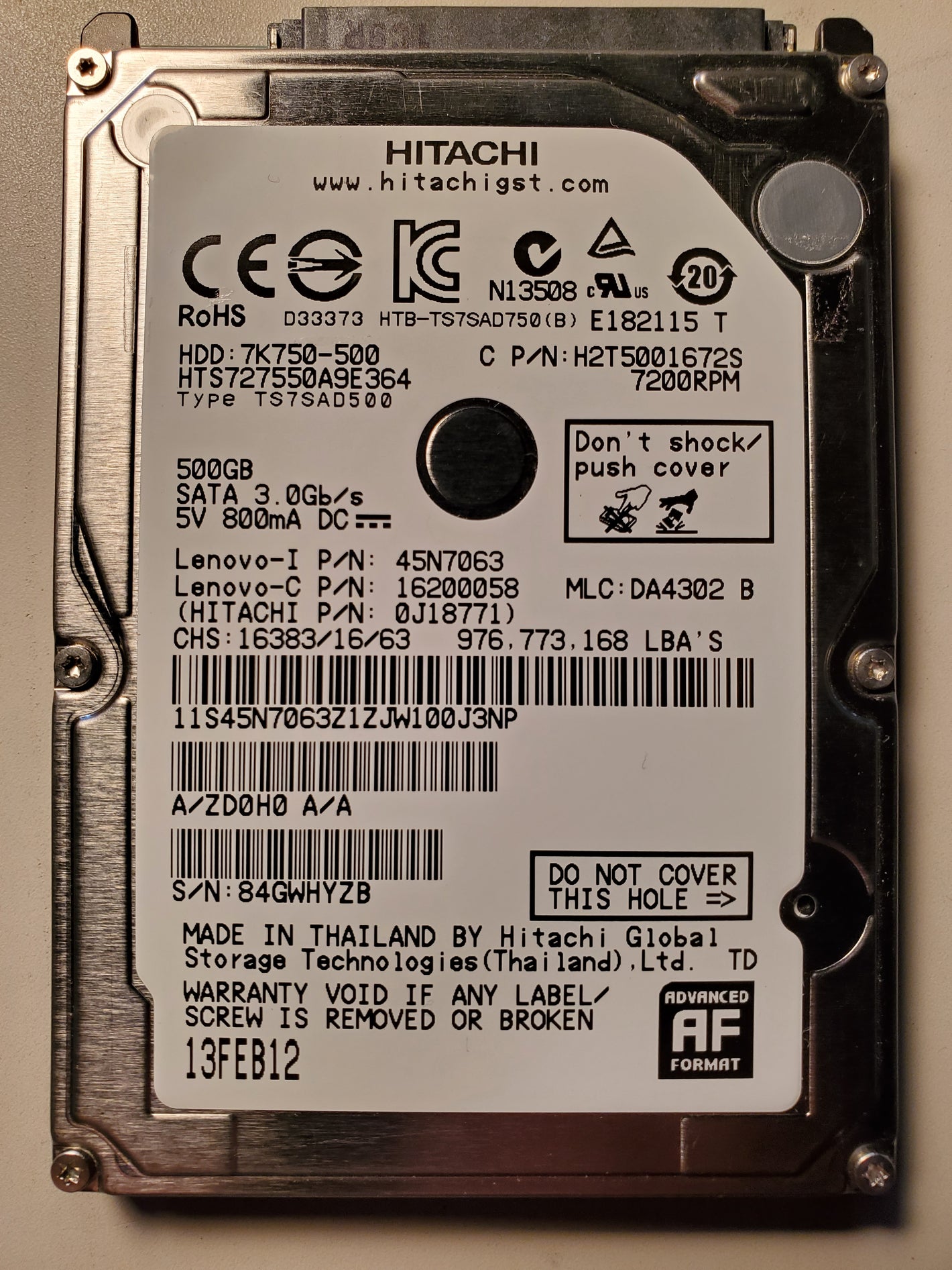 Refurbished Hitachi 500GB 7200RPM SATA 3Gb/s 2.5 Hard Drive HTS727550A9E364